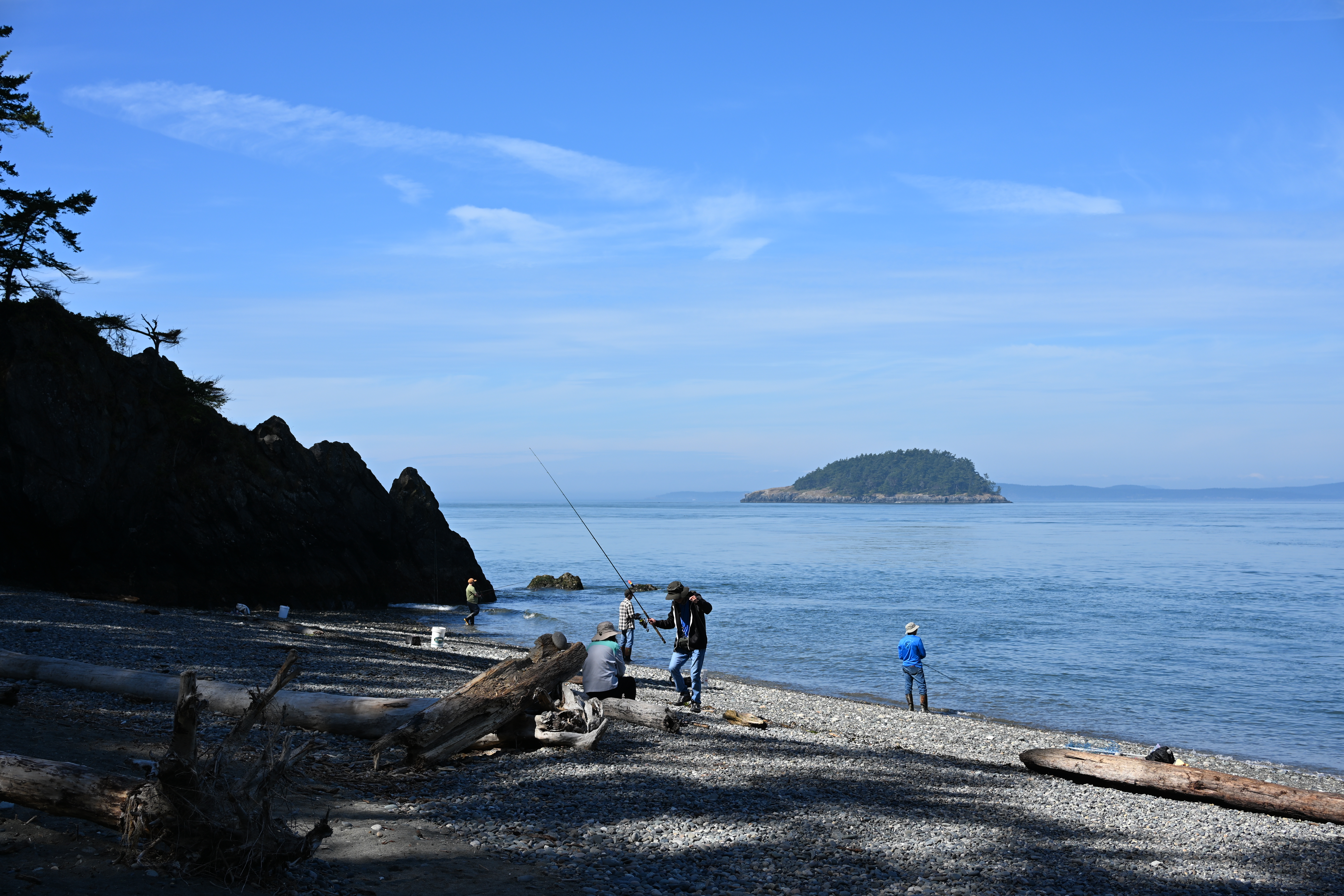 Beach view near Deception Pass Bridge with rocky shoreline
