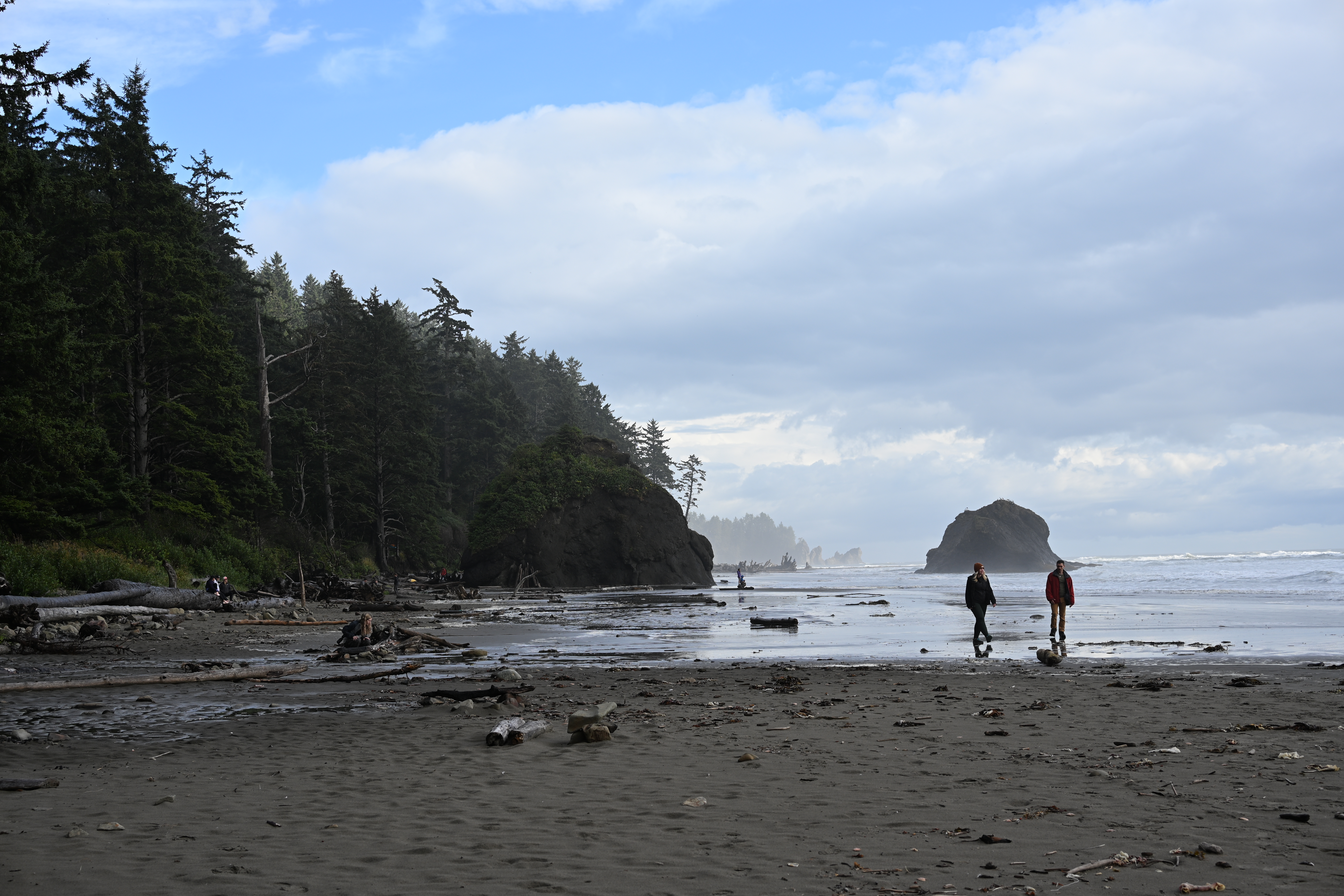 Sandy Second Beach with massive sea stack rocks
